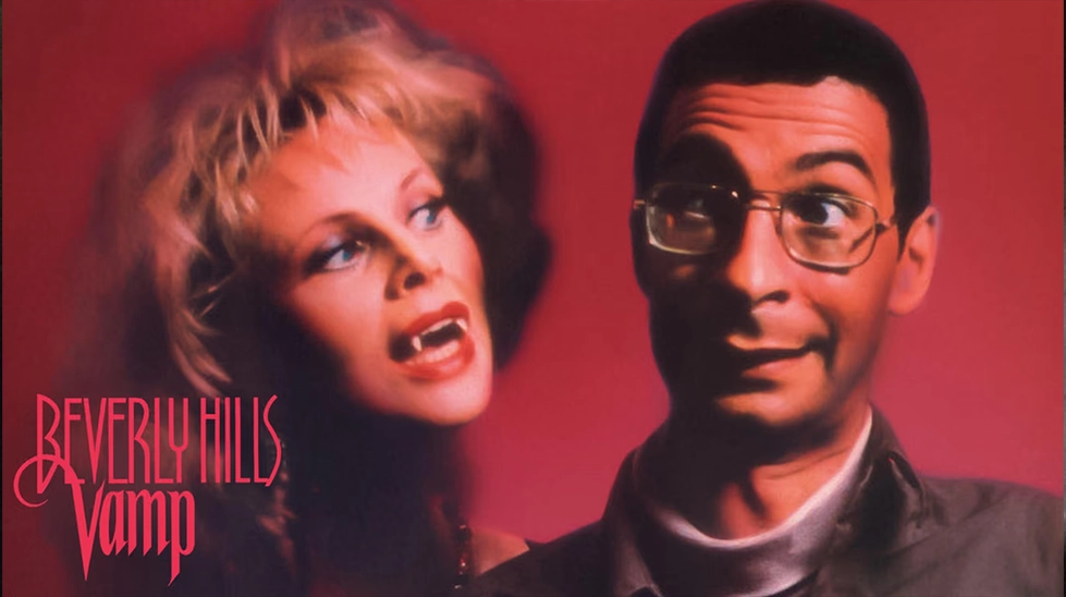 Beverly Hills Vamp (1989) filminden Eddie Deezen ve vampir kadını gösteren afiş görseli